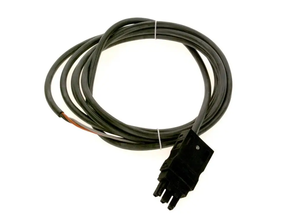 Schwarzes Anschlusskabel von Bosch mit einem Stecker und mehreren Leitungen, geeignet für elektrische Verbindungen.